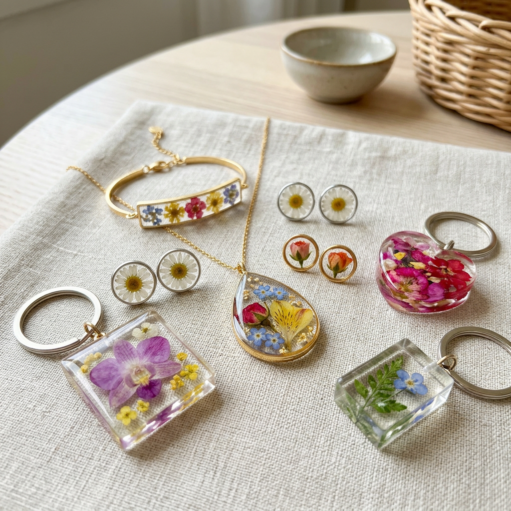 Bijoux et porte-clés en fleurs
